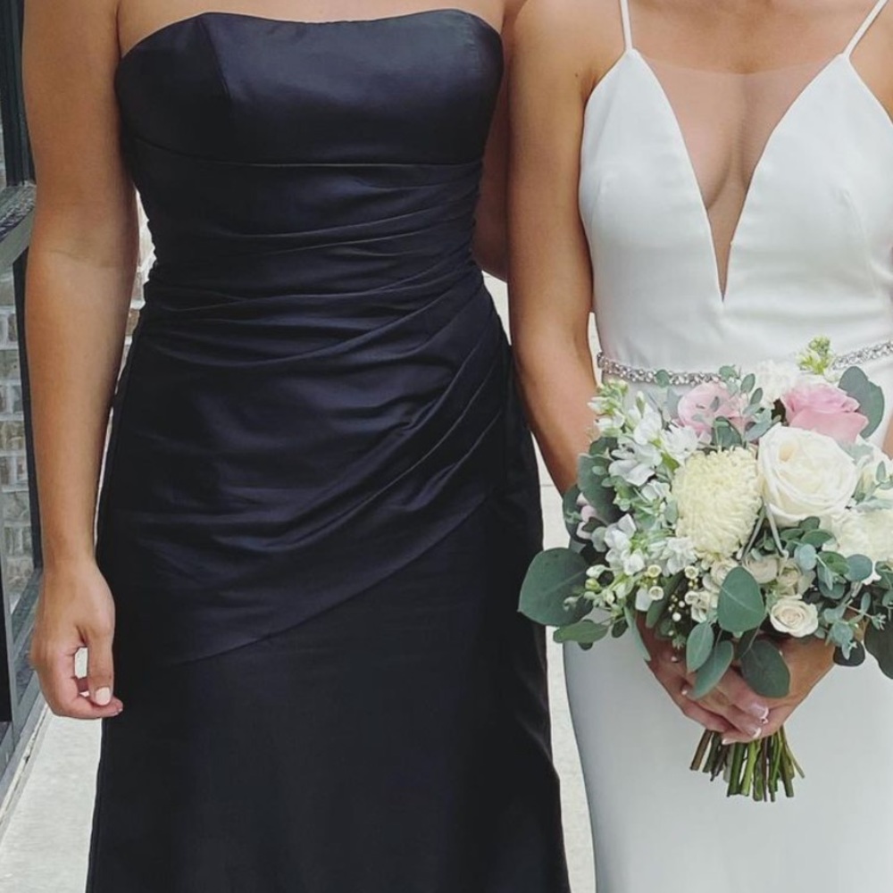 Elegant Black Mori Lee brand strapless bridesmaid dress / gown size 8